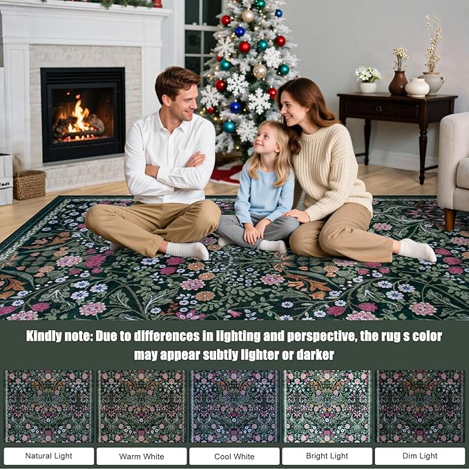 Area Rugs 9x12 Living Room: Floral Washable Rug Vintage Large Soft Boho - Image 9