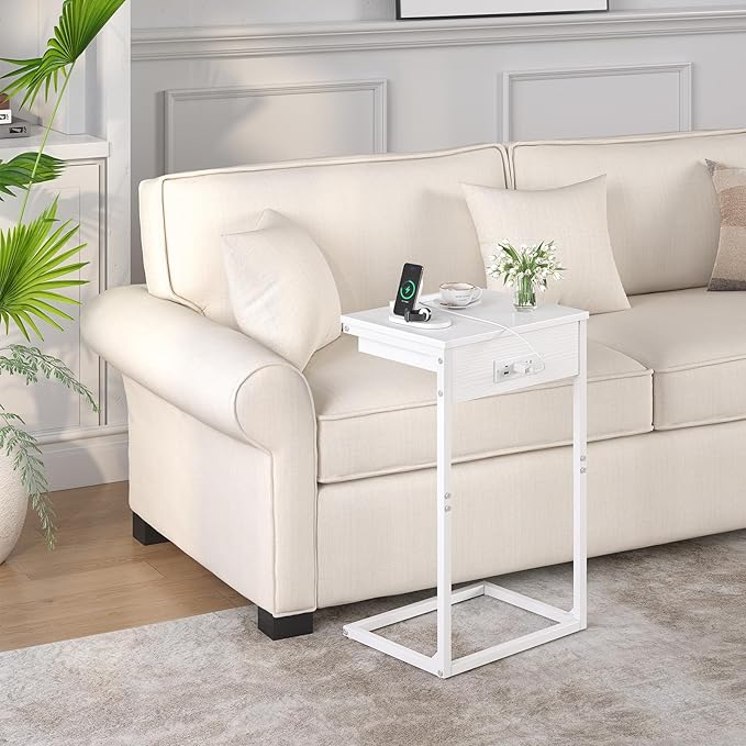 C Shaped End Table with Charging Station, 45° Tiltable Adjustable Flip Top Side - Image 6