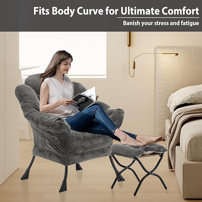 Lazy Chair with Folding Ottoman, Accent Chair Plush Upholstered with Metal - Image 5