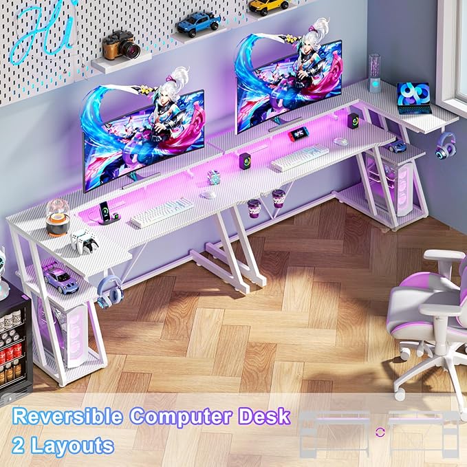 55 Inch White Gaming Desk with Power Outlet & LED Lights, L Shaped Computer - Image 3