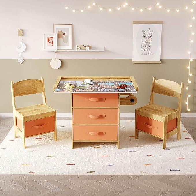 Pine Wood Kids Table and Chair Set 3 in 1 Wooden Toddler Table - Image 2