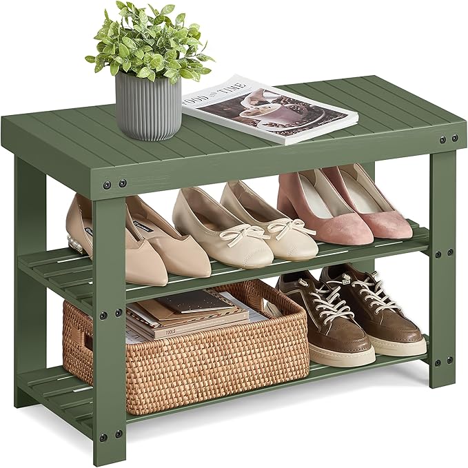 SONGMICS Shoe Rack Bench, 3-Tier Bamboo Shoe Storage Organizer, Entryway Bench by SONGMICSbySONGMICSHOME