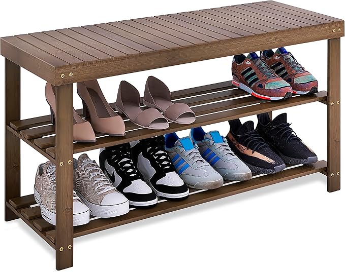 SMIBUY Bamboo Shoe Rack Bench, 3-Tier Shoe Organizer Storage Shelf by SMIBUY