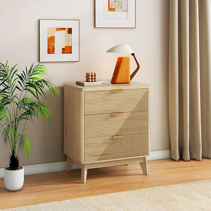 3 Drawer Fluted Nightstand for Bedroom, Modern Wood Chest of Drawers - Image 7