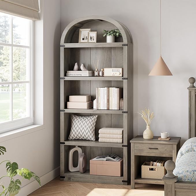 GarveeHome Bookcase 5 Shelf Arched Bookshelf 71.65in Tall Bookcase Farmhouse - Image 8