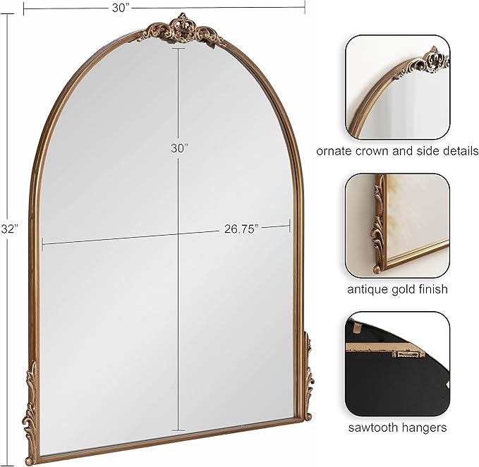 Kate and Laurel Myrcelle Traditional Arched Mirror; 30 x 32; Antique Gold; - Image 2