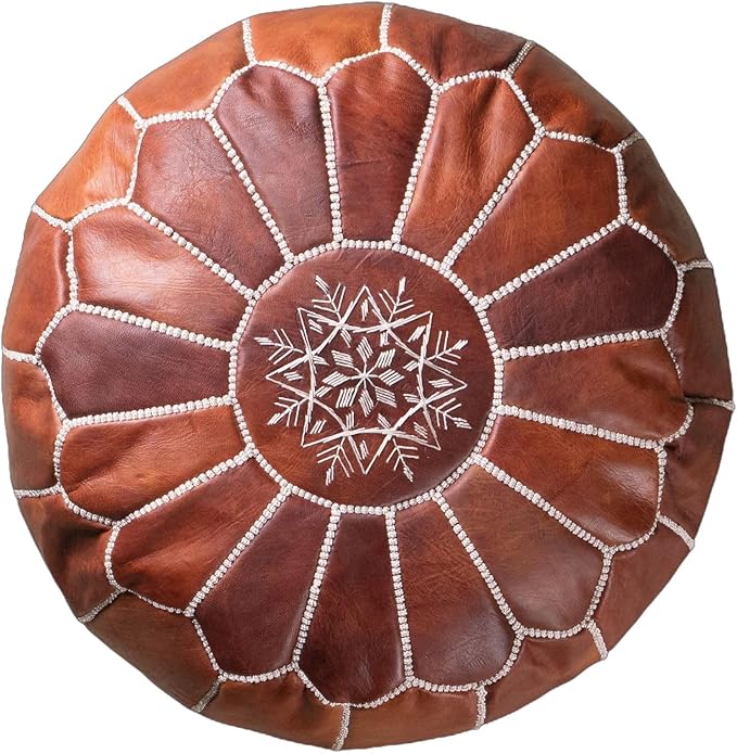 Stuffed Round Design Moroccan Leather Pouf Ottoman, Pre-Filled, 100% Genuine - Image 5