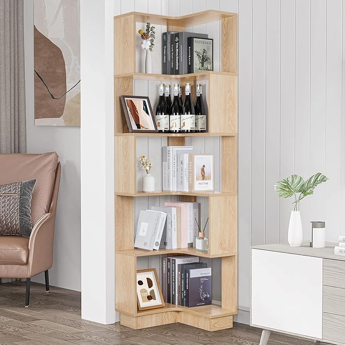 Wooden Corner Bookcase, 5 Tiers Corner Bookshelf 68.9" L-Shaped Storage Display by GOOFCXO