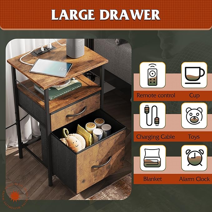 WLIVE Nightstand with Charging Station, End Table with 2 Fabric Drawers - Image 5