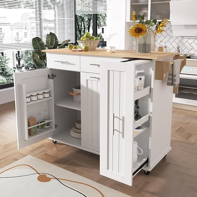 46" Kitchen Island with Drop Leaf, Kitchen Storage Cart W/ 3 Tier Pull Out - Image 10