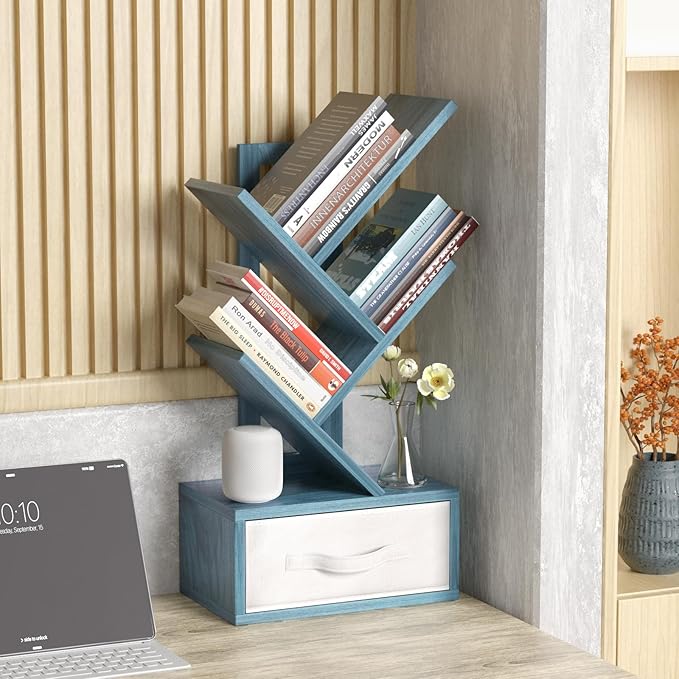 Small Book Shelf with Drawer, 4 Tier Black Tree Bookshelf, Modern Desk Display - Image 2
