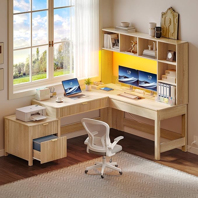 YITAHOME L Shaped Desk with Hutch and Drawers, Wood Home Office Desk with - Image 4