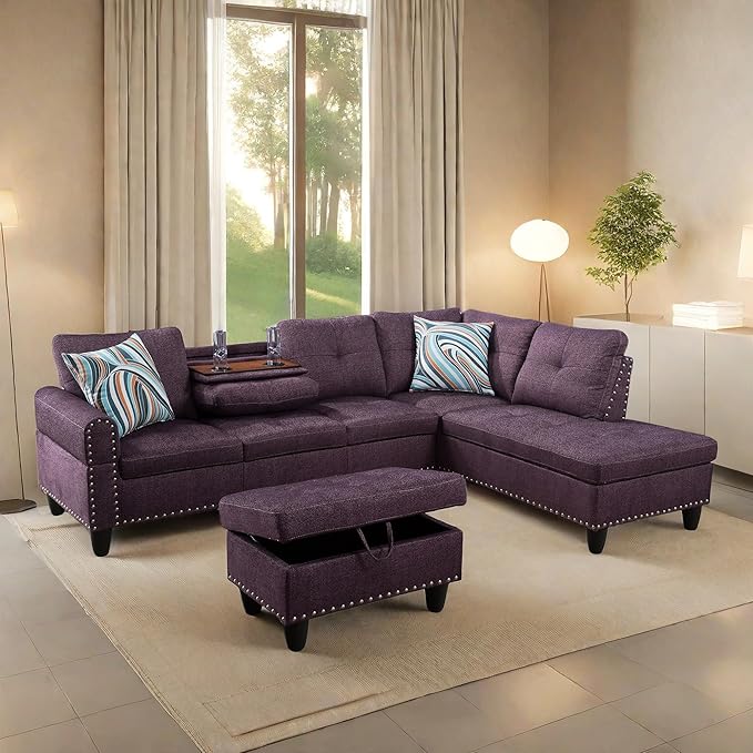 L Shaped Sectional Sofa with Ottoman, Nail-Head Design Linen Right Facing - Image 5