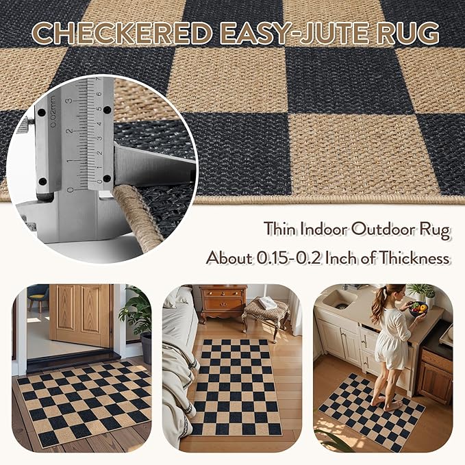 Lahome Checkered Easy Jute 2x3 Rug, Small Entryway Rug Non Slip Kitchen Front - Image 4