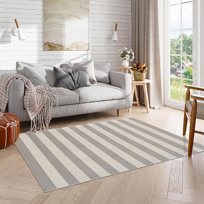 OJIA Outdoor Area Rug 4'x6' Striped Patio Rugs Washable Woven Cotton Indoor - Image 9