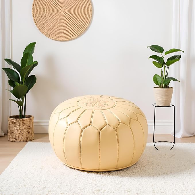 Stuffed Round Design Moroccan Leather Pouf Ottoman, Pre-Filled, 100% Genuine - Image 2