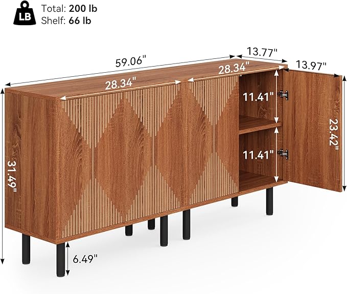 LITTLE TREE 59 Inches Long Sideboard Buffet Cabinet, Vintage Storage Cabinet - Image 3