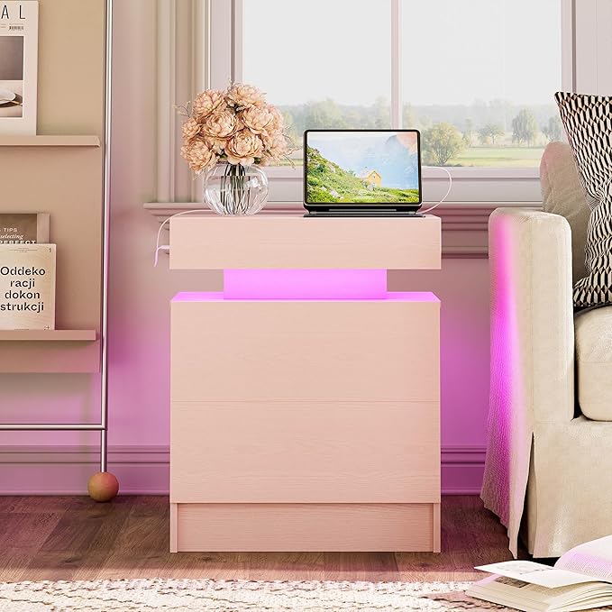 LIKIMIO Night Stand with Charging Station, Modern Pink Nightstand with LED - Image 8