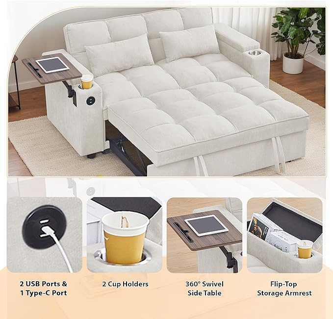 65-inch Multifunctional Loveseat Pull Out Sleeper Sofabed W/Cupholders - Image 6