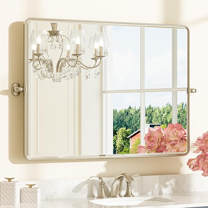 Keonjinn 40 x 30 Inch Large Pivot Mirror, Brushed Nickel Pivot Mirror Bathroom by Keonjinn