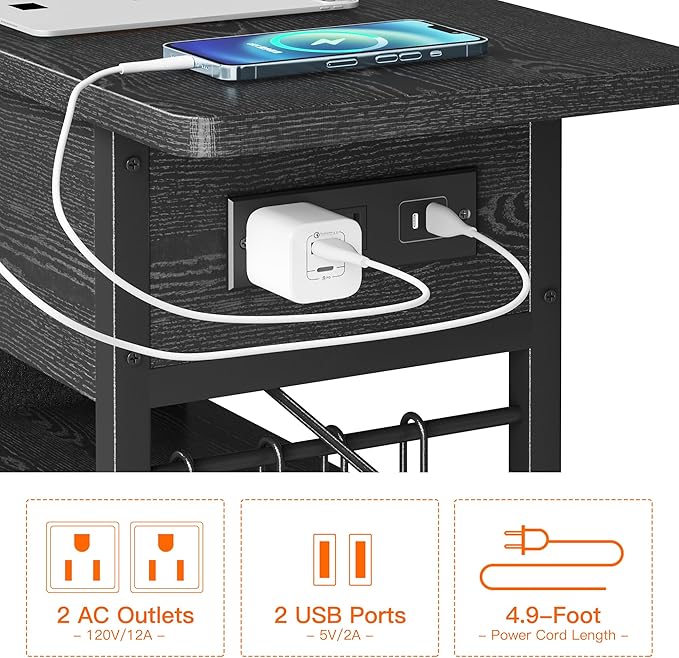 End Table with Charging Station, Flip Top Nightstand with USB Ports and Outlets - Image 5