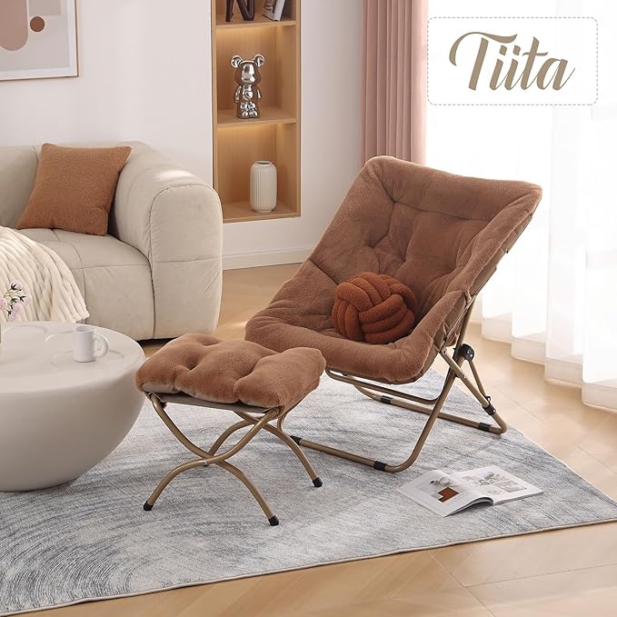 Tiita FoldedChair with Ottoman, Soft Faux Fur Oversized Folding Accent Chair - Image 2