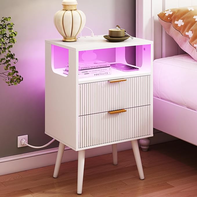 White Nightstand with Charging Station and LED Lights, Modern Bedside Table by JOONEE