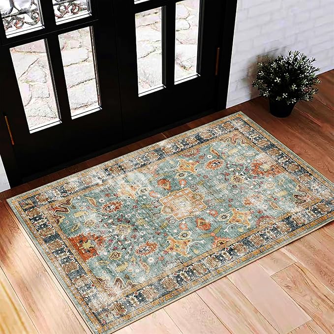 Washable Area Rug 2'x3' Door Mat Vintage Distressed Taupe Doormat Indoor by CHAMPLANT