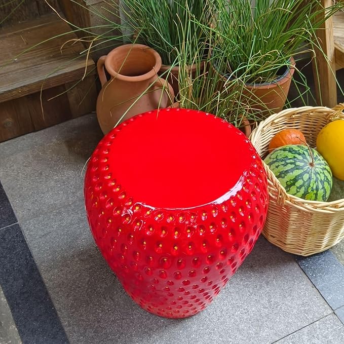 18" Red Strawberry Stool Statue Fruit-Inspired Side Table Indoor Outdoor Accent - Image 5