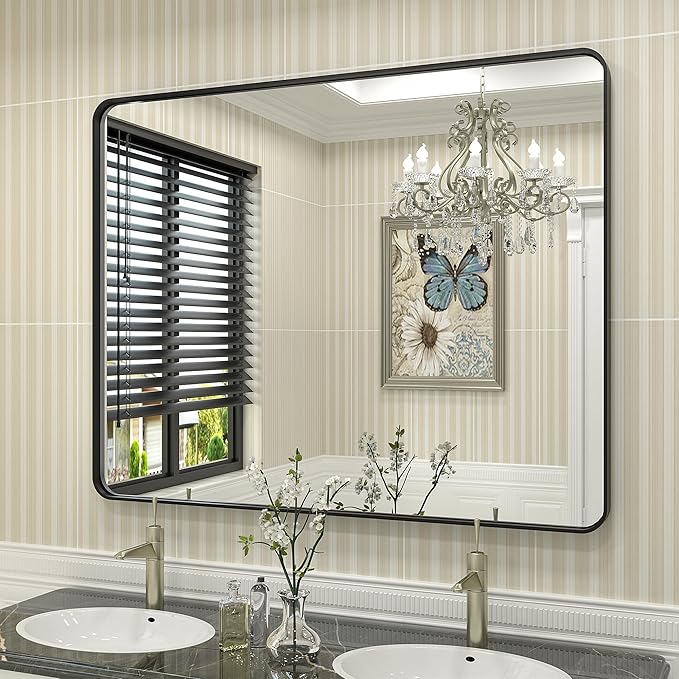 40x32 Black Bathroom Mirror, Matte Framed Bathroom Vanity Mirror by CHARMOR