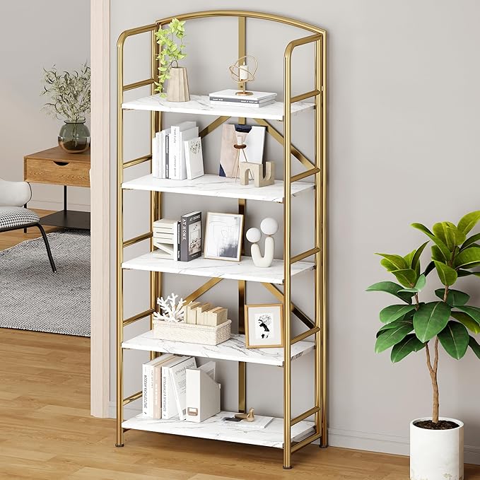 No-Assembly Folding Gold Bookshelf Storage Shelves 5 Tiers Vintage - Image 2