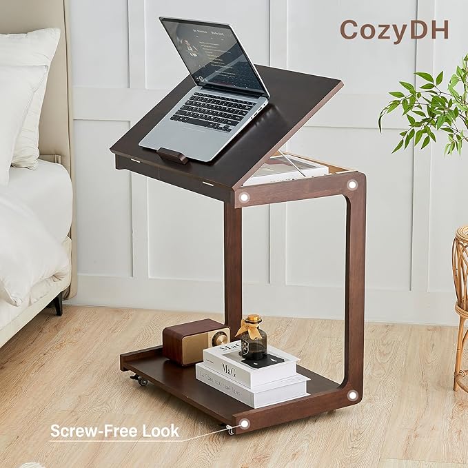 CozyDH Adjustable C Shaped End Table, Rolling Side Table Solid Wood TV Sofa - Image 7