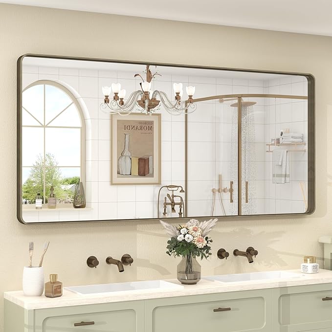 60x28 Bronze Bathroom Mirror for Wall, Brushed Bronze Metal Framed Bathroom by CHARMOR