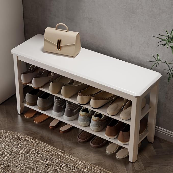 Wood Shoe Rack Bench for Entryway, 2 Tier Shoe Rack for Front Door Entrance by AQIMUELE-Solidwoodfurniture