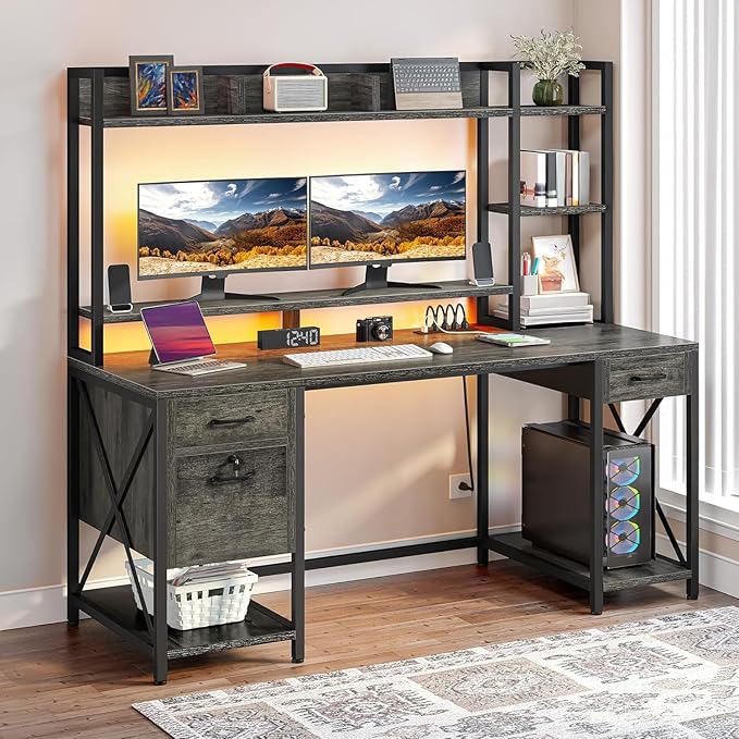 DWVO Computer Desk with Drawers & Hutch, 59.1" Office Desk with Power Outlets & by DWVO