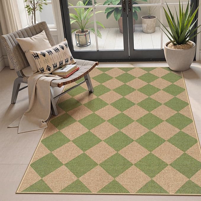 Lahome Green Checkered Easy Jute Rug, 3x5 Washable Outdoor Rug Neutral Rug by Lahome