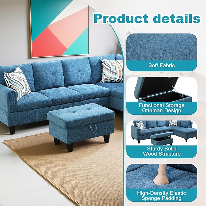 Couches for Living Room Modern L Shaped Couch Comfy Flannel Fabric 3 Pieces - Image 5