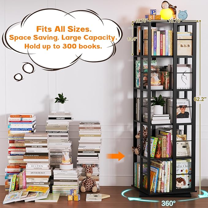 Aheaplus Rotating Bookshelf, Corner Bookcase, 360 Display Wood Spinning - Image 3