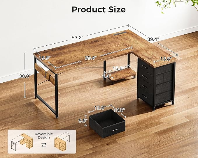 AODK L Shaped Desk with 4 Tier Drawers, L Shaped Computer Desk with USB - Image 3