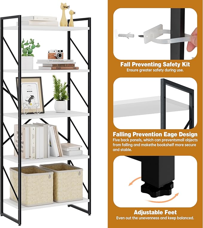 Bookshelf, 5 Tier Bookshelves, Home Office Bookcase Shelf Storage Organizer - Image 5