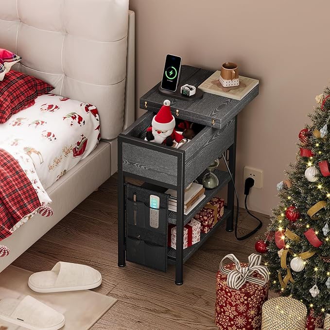 End Table with Charging Station, Flip Top Nightstand with USB Ports and Outlets - Image 4