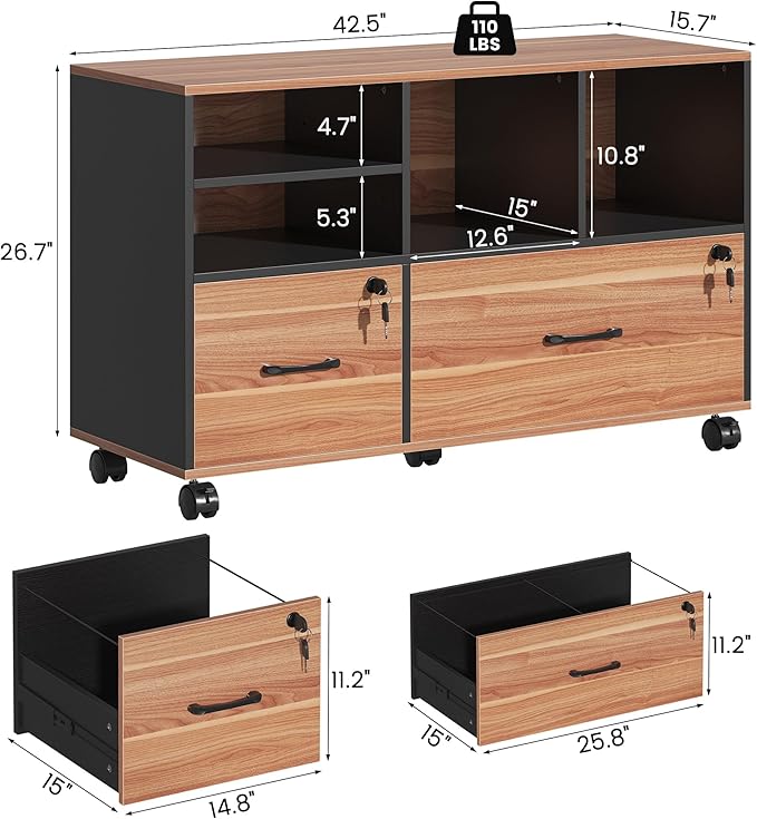 2 Drawer Wood Mobile Large Lateral File Cabinet - Image 2