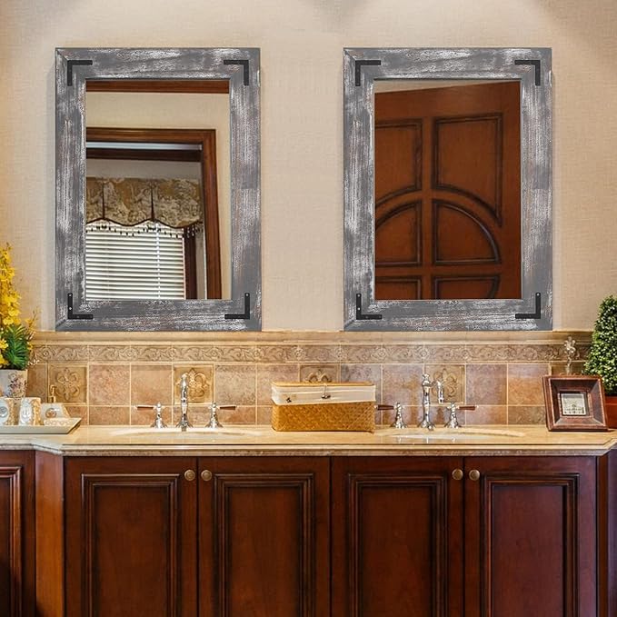 YOSHOOT Rustic Wooden Framed Wall Mirror, Natural Wood Bathroom Vanity Mirror - Image 6