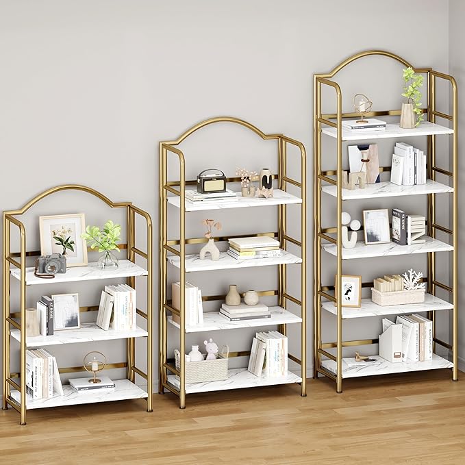 No-Assembly Gold Folding Bookshelf Storage Shelves 5 Tiers Vintage - Image 5