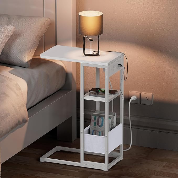 C Shaped End Table with Charging Station, Small Side Table - Image 2