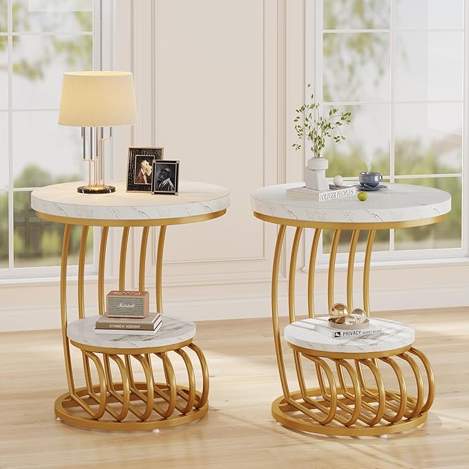 Tribesigns Gold Round End Table: 2 Tiers Side Table Set of 2 by Tribesigns