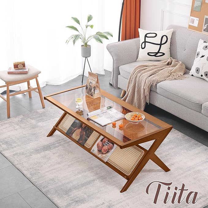 Tiita Rattan Coffee Table, Bamboo Accent Bedside Tables, Glass Nightstand Side - Image 5