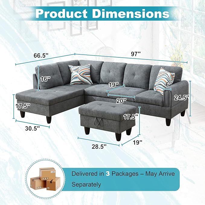 97" Oversized Sectional Couch, L Shaped Couch - Image 2