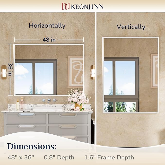Keonjinn 48” x 36” White Bathroom Vanity Mirror Metal Framed Large Bathroom - Image 7