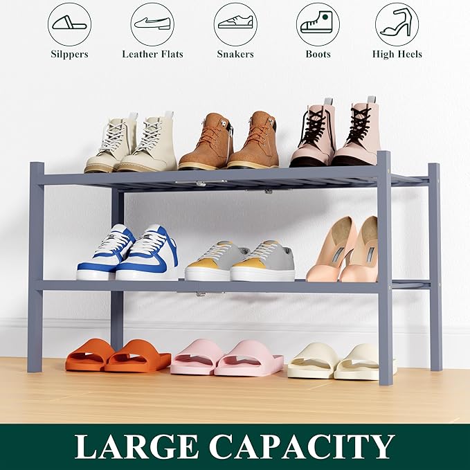 Smiry Shoe Rack, 2 Tier Thick Bamboo Shoe Organizer, Stackable Free Standing - Image 6